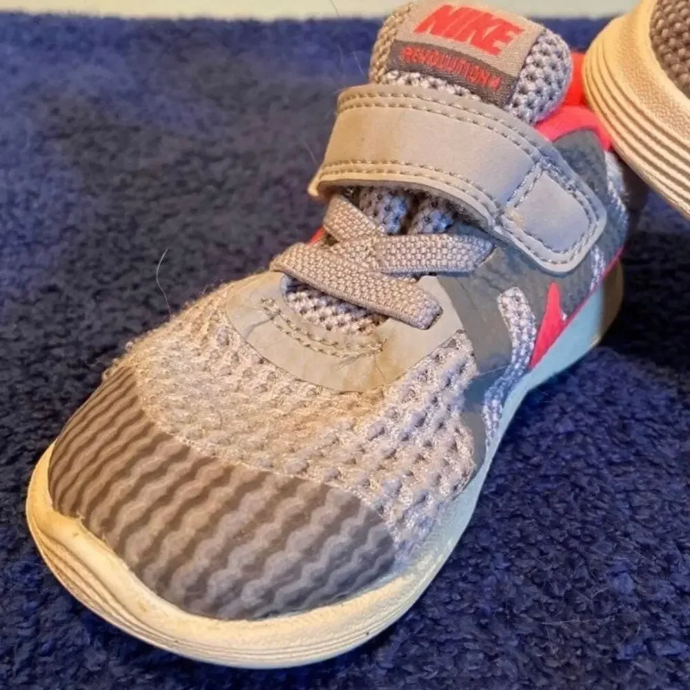 Nike Toddler 6C Revolution 4 Grey Racer Pink Velcro Closure Sneakers
